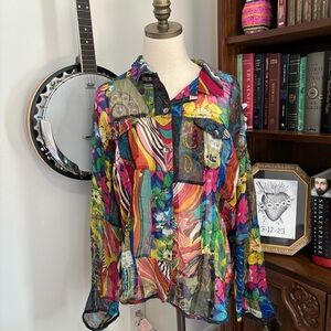Y2K Chicos Silk Unique Abstract Patchwork Boho Chic Artsy Button Up Blouse SZ L